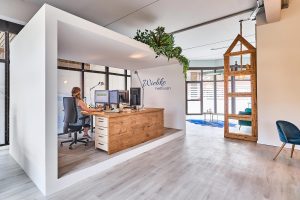 Arbeiten in einer Box innerhalb eines Büro, Frau sitzt am Schreibtisch, die Steuerberaterin und hat Ruhe, ist geschützt innerhalb der großen Kanzlei